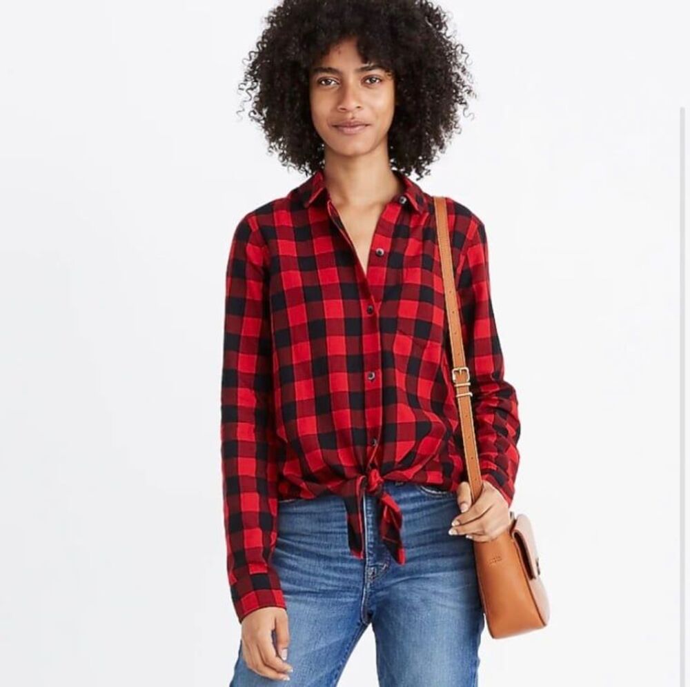 Madewell Flannel Tie Front Shirt in Buffalo Check Size M